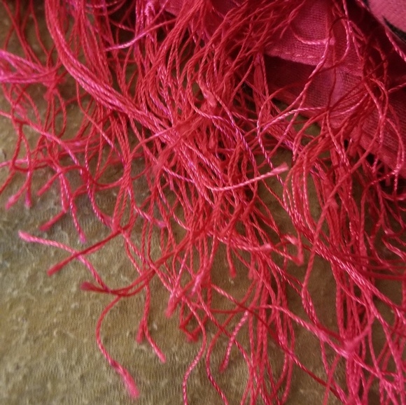 ^Pink black butterfly leaf fringed scarf square - Picture 2 of 4